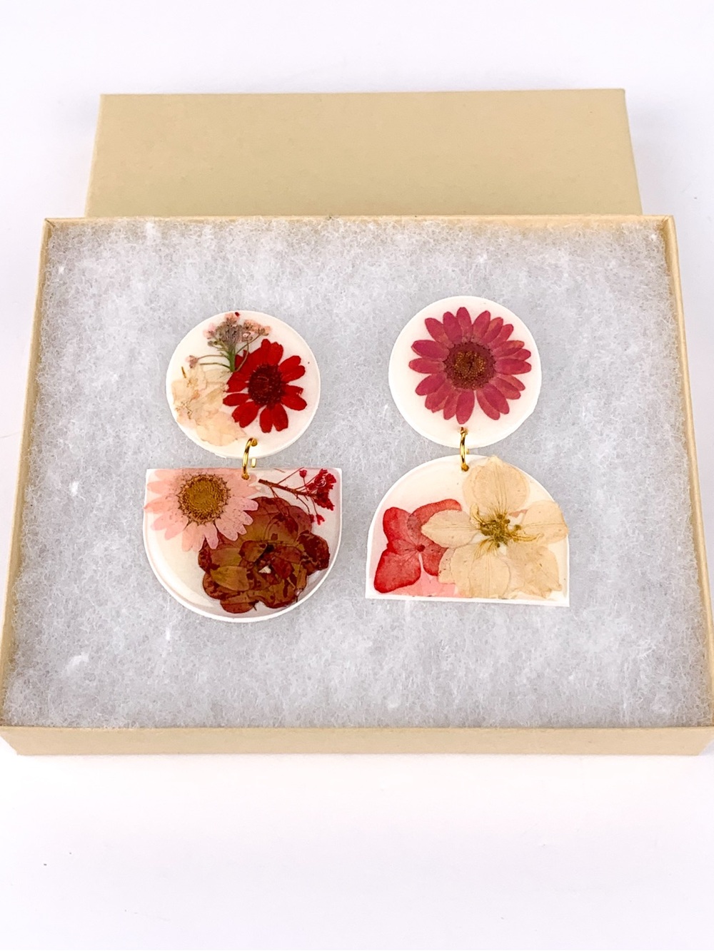 Handmade earrings pressed flowers and polymer clay large pierced ear jewelry